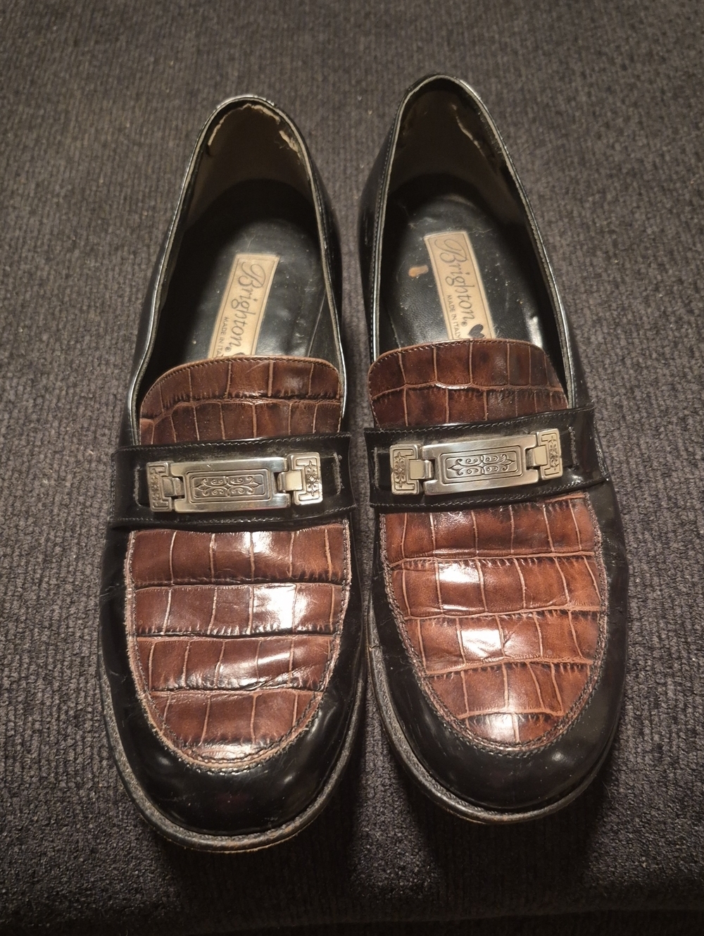 Brighton Two-Tone Brown & Black Croc-Embossed Leather Loafers